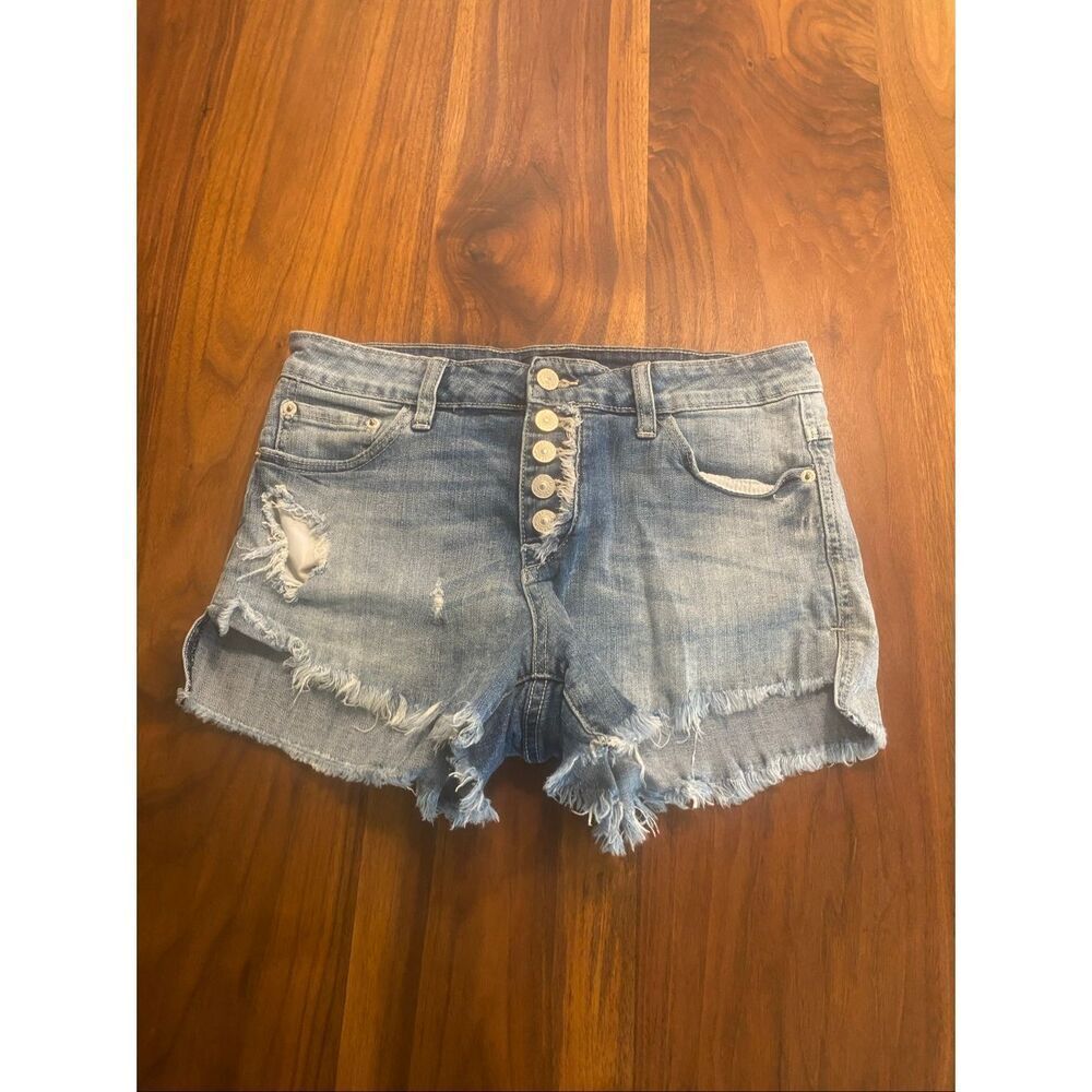 Just USA Women's Blue Distressed Button Fly Raw Hem Denim Cutoff Shorts Size 28